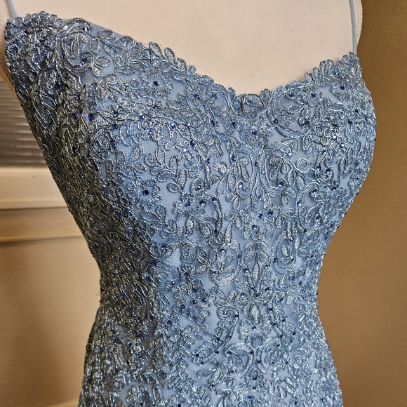 Size 12 (tag 14) light blue lace up crystal lace layered mermaid gownSherri Hill - Picture 3 of 9